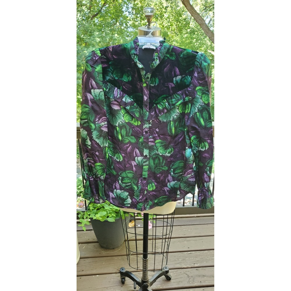 Sandro Paris Floral Ruffle High Neck Blouse Purple Green Western Yoke C11502H-60